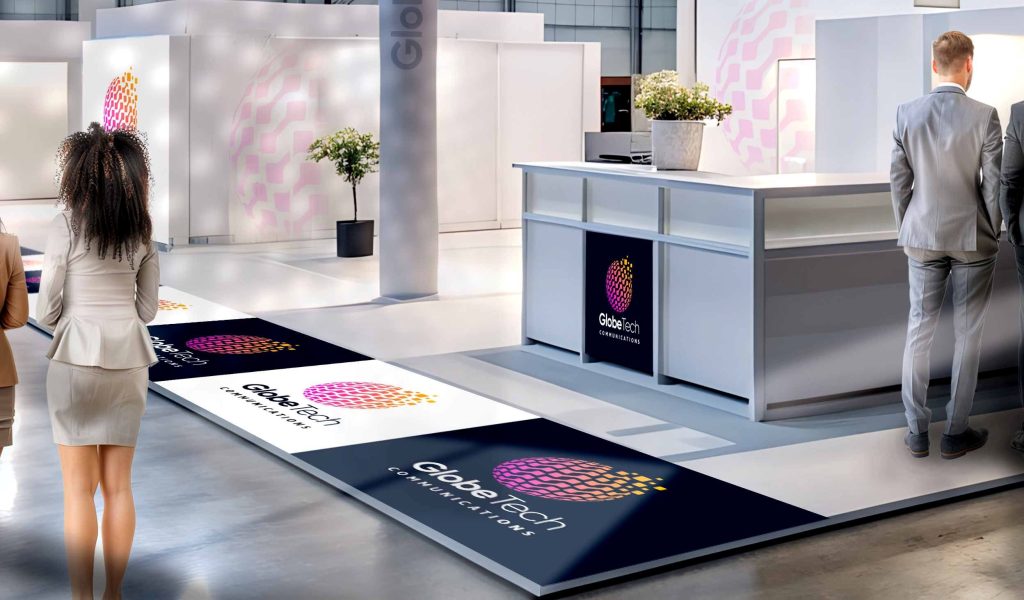AI generated image of Show Floor floor graphics and desk with people in business attire