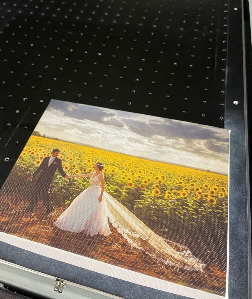 Image of bride and groom printed to create textured finish