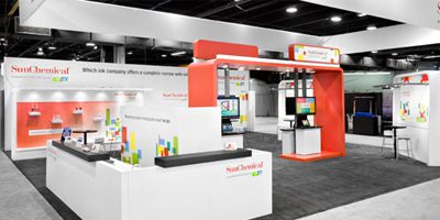 Image shows Sun Chemical trade show booth -they will increase prices across the entire portfolio of products containing nitrocellulose in Europe, Middle East, and Africa