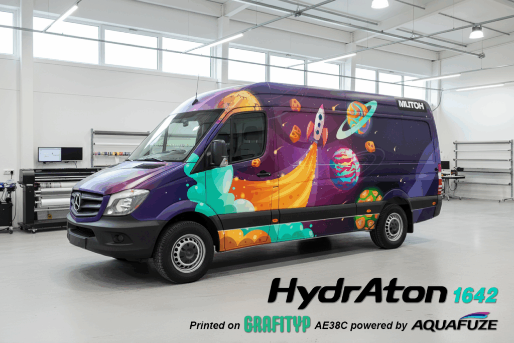 Mutoh wrapped vehicle garage with Aquafuze Ink. Graftyp.