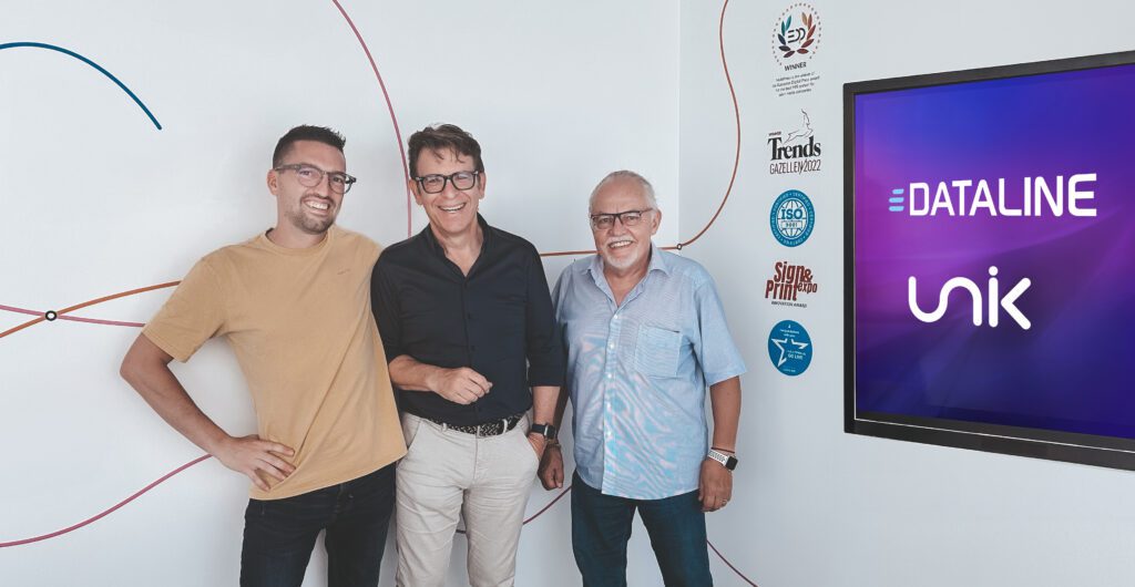 L-R: Adrien Goddard (founder and managing director of Unik Solutions), Dirk Deroo (founder and CEO of Dataline) and Didier Villière (founder of Unik Solutions)