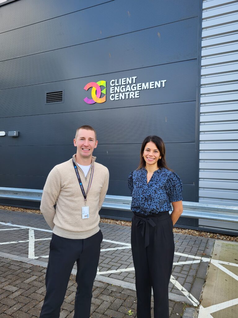 Ben Mills and Vickie Bradshaw standing outside the Konica Minolta Client Engagement Centre.