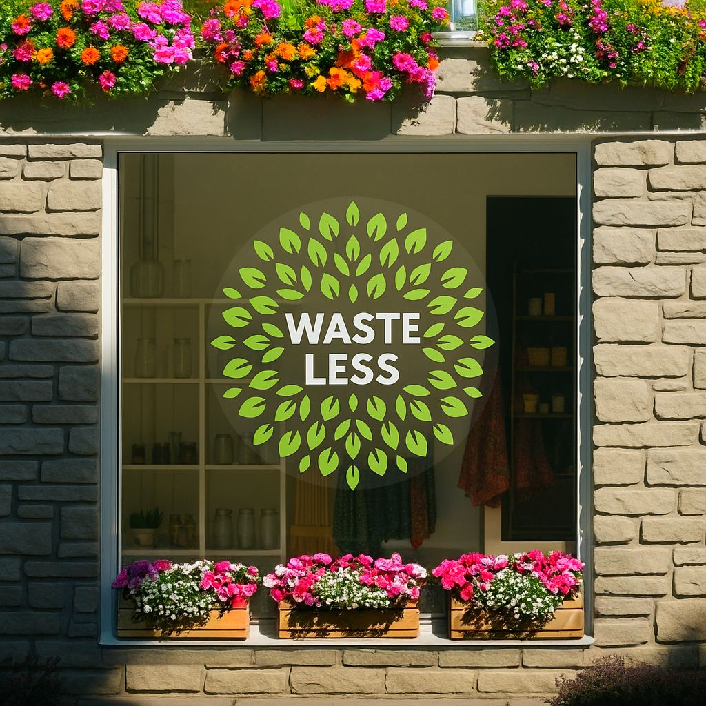Drytac SpotOn SynTac Clear "Waste Less" sign on window