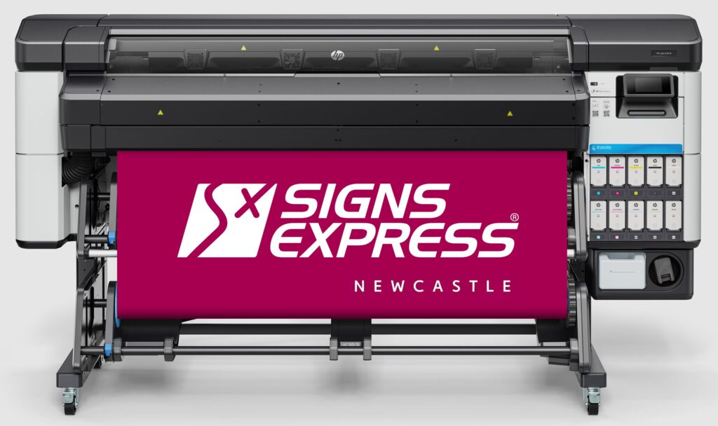 An HP Latex 630W large format printer with a magenta Signs Express Newcastle print on the output roll