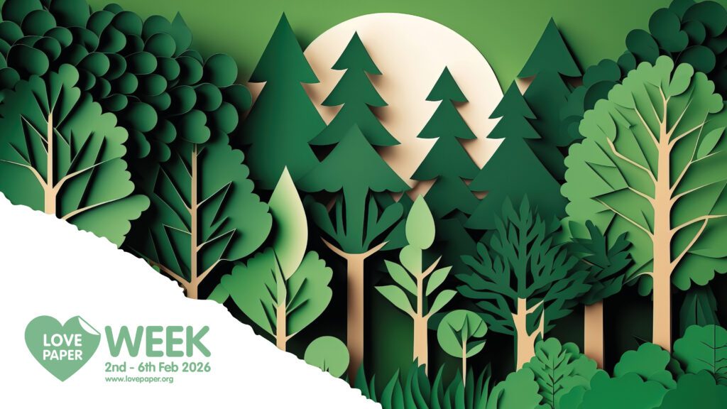 Trees made of paper shapes to celebrate Love Paper Week