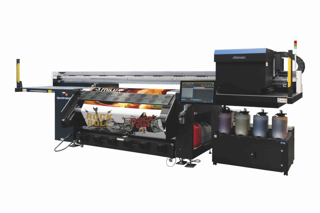 Mimaki Tiger600-1800TS wide-format printer with AP50 aqueous pigment ink system showing printed poster output