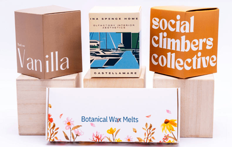 Custom printed candle packaging boxes showing branded designs for London Luxury Candle Supplies