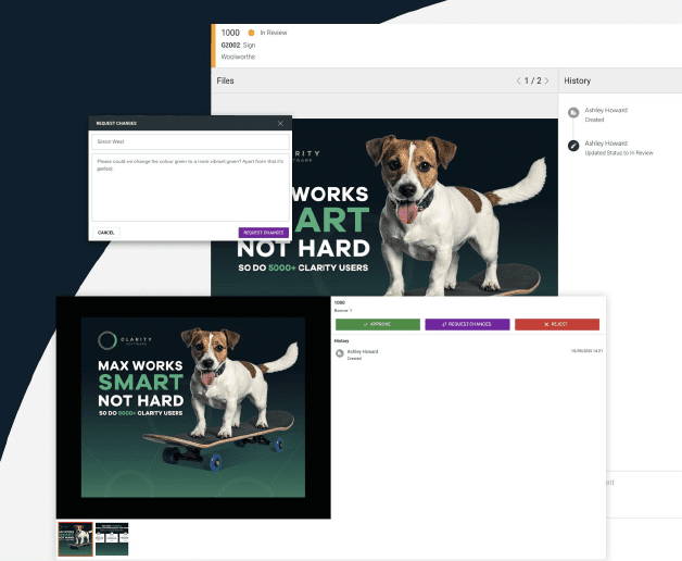 A screenshot of the Clarity Go software interface showing the new Artwork Approvals dashboard with job status and version control features.