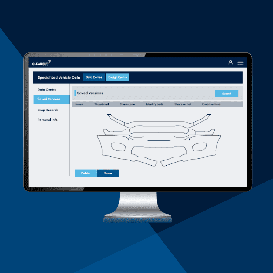 image of screen showing the William Smith ClearCut software interface with a vehicle diagram and pattern editing tools for paint protection film.