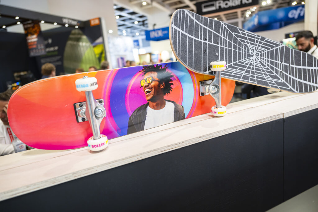 Image shows personalised skateboards on show at the FESPA Personalisation Experience