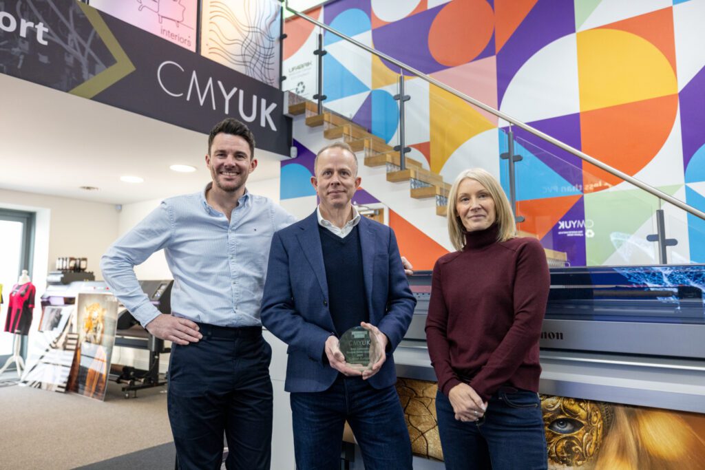 Chris Martin, Sales Director (Equipment) CMYUK; Andrew Day, Channel Manager for Large Format Graphics, Canon; Sue Hayward, Commercial Director (Equipment), CMYUK
