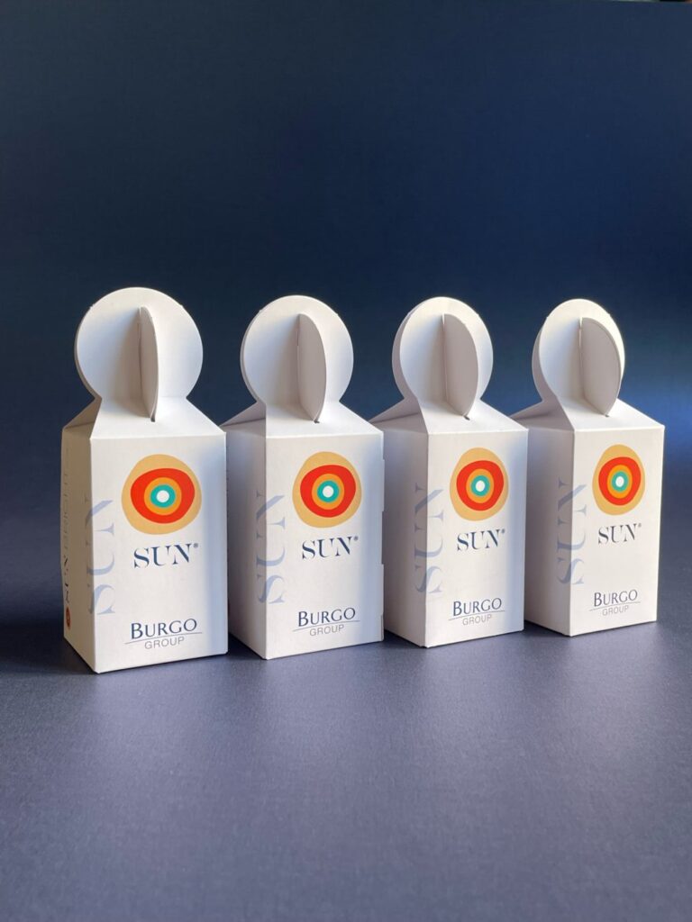 4 boxes made from Sun Strong GC2 boxboard by Burgo