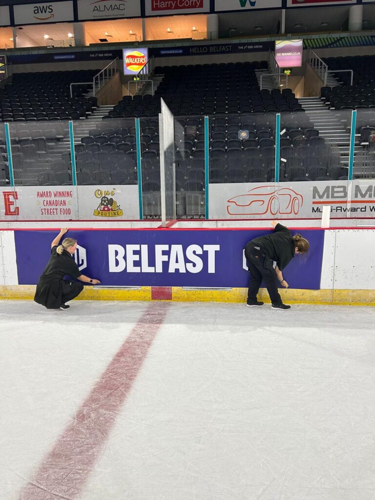 Signs Express Belfast applied SpotOn White M50 across more than 165 linear metres (540 ft) of rink-side boards