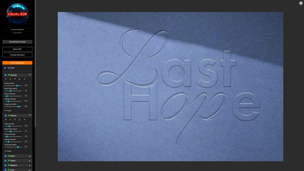 A computer screen displaying a 3D visualisation of an embossed design.