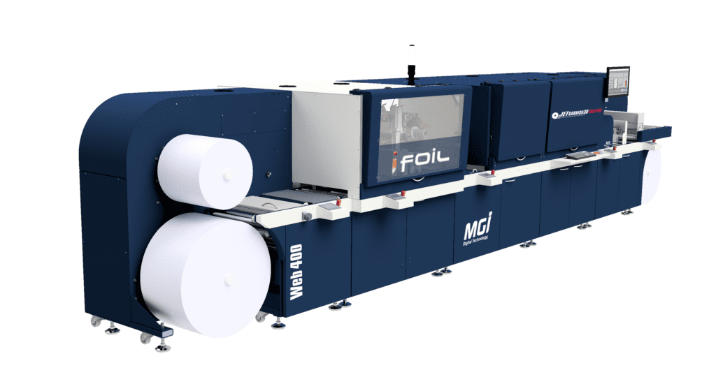 The Konica Minolta JETvarnish 3D Web 400 roll-to-roll digital embellishment press.