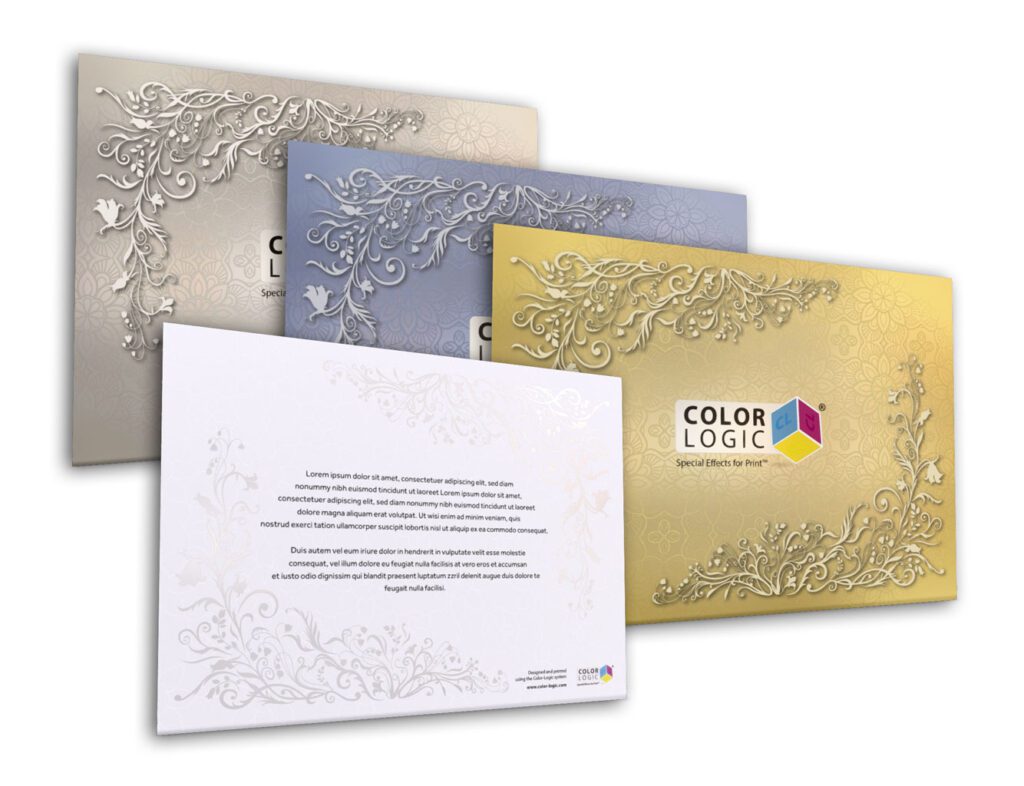 Konica Minolta and Color Logic workflow enables metallic embellishments like these gold and silver invitations