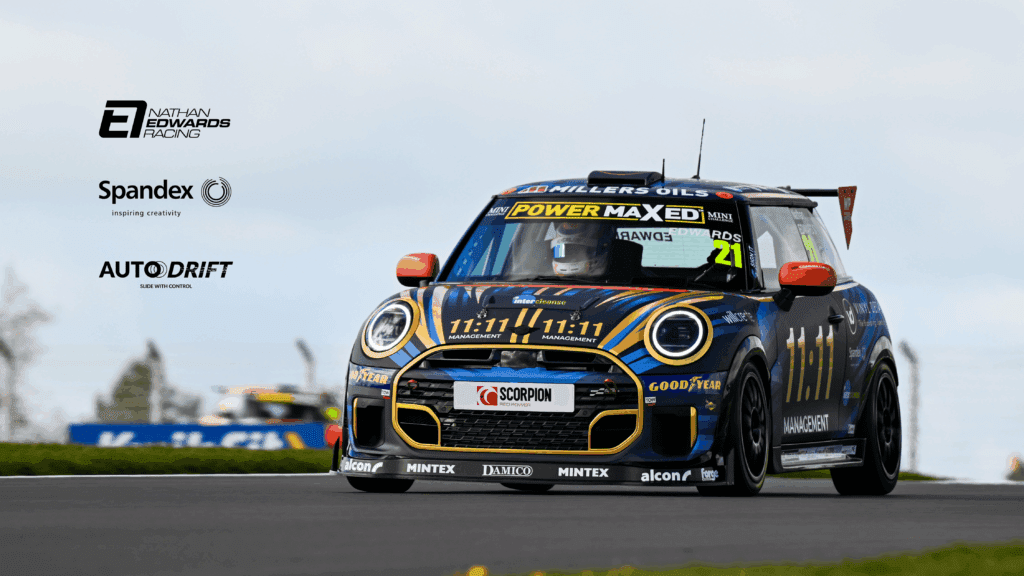 Nathan Edwards' MINI CHALLENGE JCW race car featuring a complex, multi-coloured livery printed on AUTO Drift film