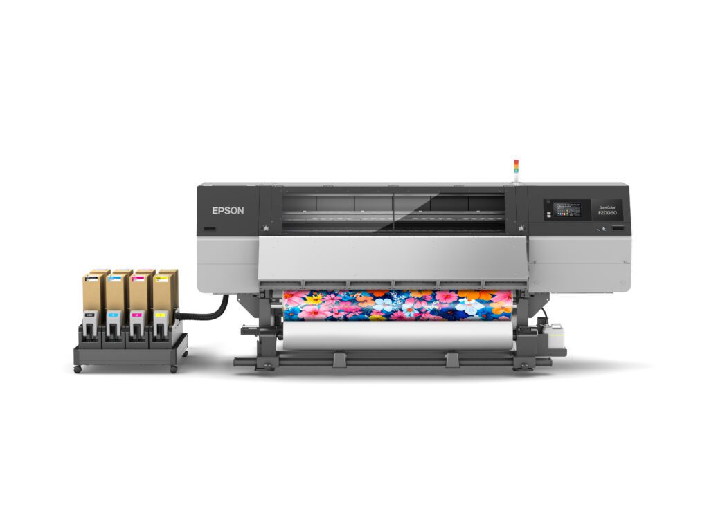 The new Epson SureColor SC-F20000 industrial dye-sublimation printer operating with an eight-head configuration
