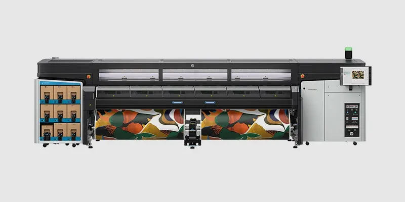 This advanced superwide printer uses odourless white latex ink for continuous commercial graphics production.
