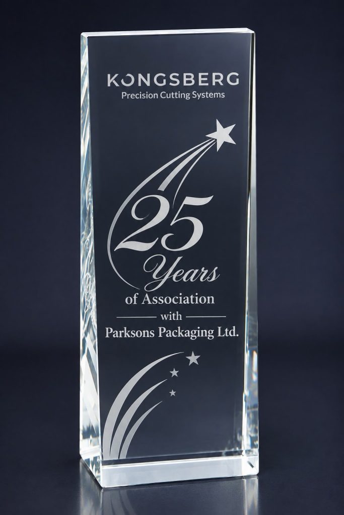 Kongsberg PCS presented Parksons Packaging with a commemorative award marking 25 years of partnership.