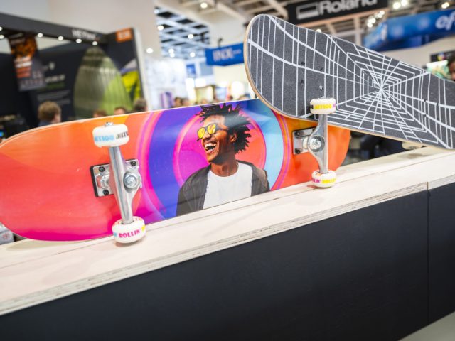 Image shows personalised skateboards on show at the FESPA Personalisation Experience