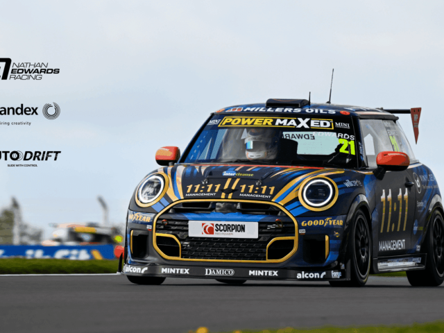 Nathan Edwards' MINI CHALLENGE JCW race car featuring a complex, multi-coloured livery printed on AUTO Drift film