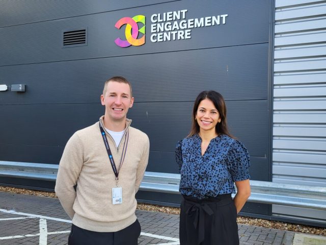 Ben Mills and Vickie Bradshaw standing outside the Konica Minolta Client Engagement Centre.