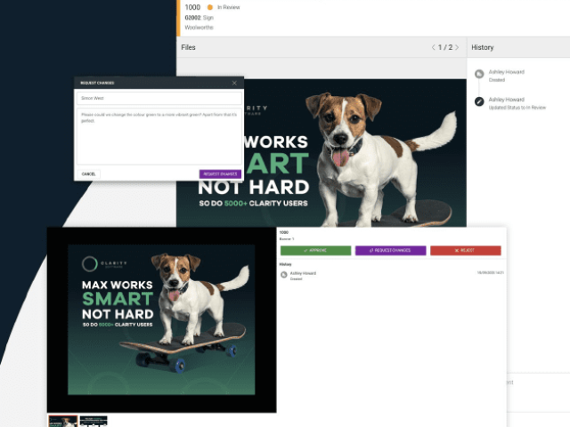 A screenshot of the Clarity Go software interface showing the new Artwork Approvals dashboard with job status and version control features.