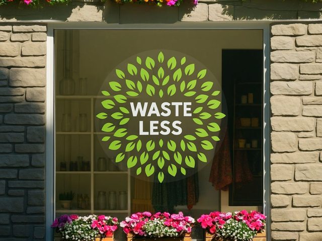 Drytac SpotOn SynTac Clear "Waste Less" sign on window