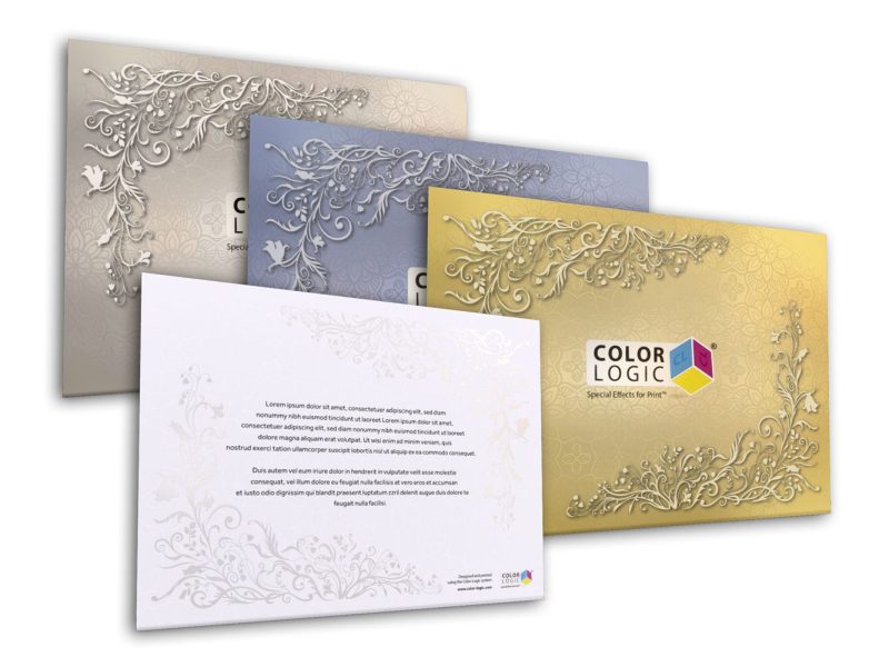 Konica Minolta and Color Logic workflow enables metallic embellishments like these gold and silver invitations