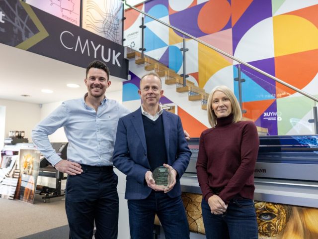 Chris Martin, Sales Director (Equipment) CMYUK; Andrew Day, Channel Manager for Large Format Graphics, Canon; Sue Hayward, Commercial Director (Equipment), CMYUK