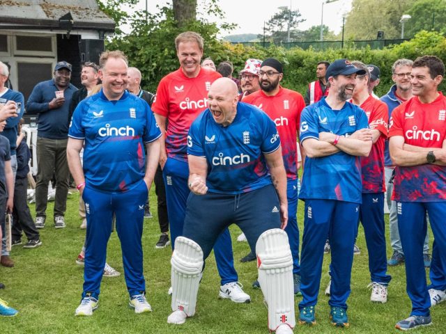 Not at all competitive! Celebrity chef, Tom Kerridge, celebrates victory over Chris Evans in the charity cricket match