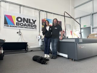 Karina Matheus, Pedro Guevara, and Neeko, the dog, at Only Boards.