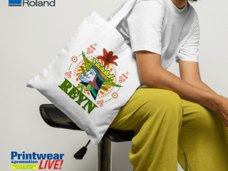 A tote bag printed using Roland DTF technology to be shown at Printwear and Promotion live!