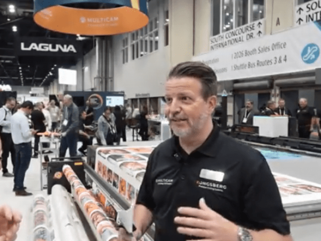 Dimitri Van Gaever, Global Marketing Director at Kongsberg Precision Cutting Systems talking at PRINTING United Expo