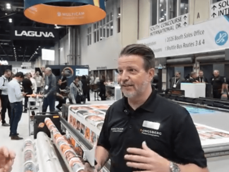 Dimitri Van Gaever, Global Marketing Director at Kongsberg Precision Cutting Systems talking at PRINTING United Expo