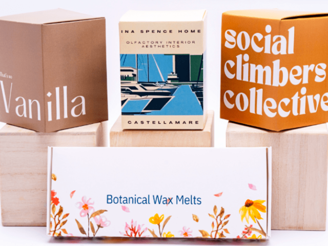 Custom printed candle packaging boxes showing branded designs for London Luxury Candle Supplies