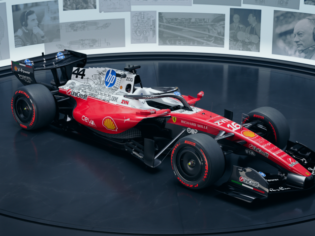 The Scuderia Ferrari Formula 1 car featuring the custom HP blueprint livery