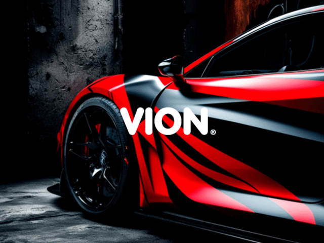 VION VWrap Pro Cast Wrap Film on a black and red car, with the word "vion" on front