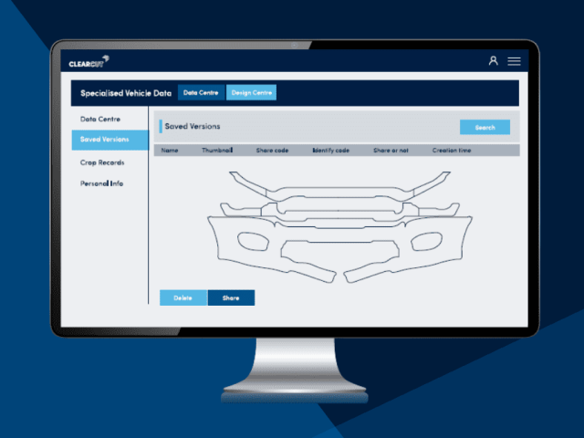 Image of screen showing William Smith ClearCut software interface with a vehicle diagram and pattern editing tools for paint protection film.