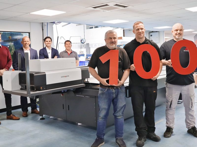 The Swiss manufacturer of large format printers, swissQprint, is celebrating the installation of its 100th machine in the UK, as Stocksigns takes delivery of its latest Impala flatbed printer