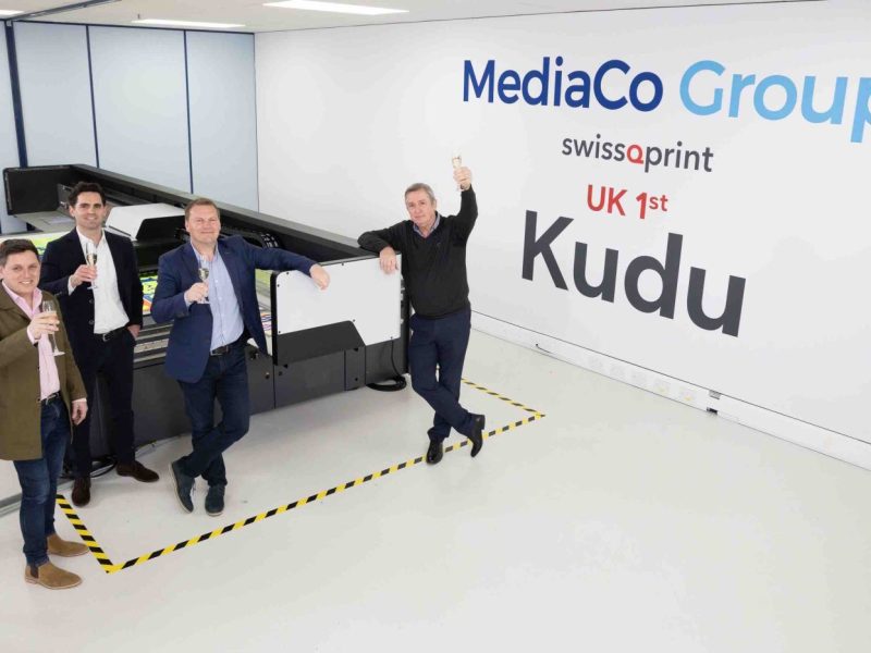 The swissQprint and MediaCo teams celebrating delivery of the first Kudu in the UK