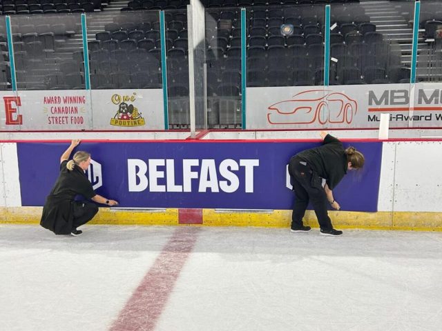 Signs Express Belfast applied SpotOn White M50 across more than 165 linear metres (540 ft) of rink-side boards